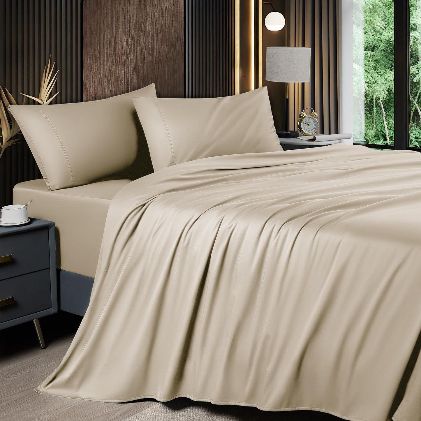 Cooling Bamboo Sheets Silky Soft 4pcs Bamboo Bed Sheet Set, Cooling Bamboo Blend Sheets Set With 16 Inch Deep Pocket Luxury Sheet Set